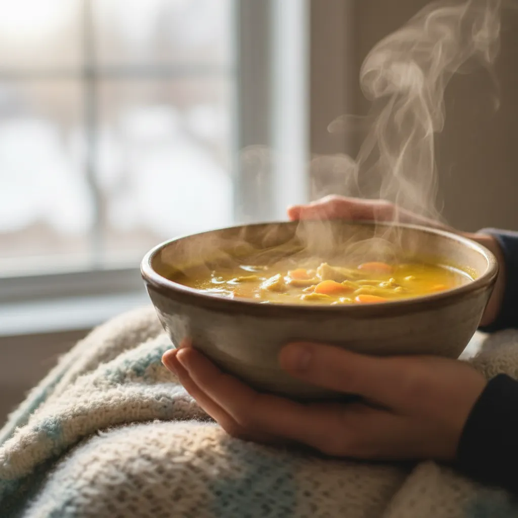 Turmeric Chicken Soup: The Ultimate Cozy Bowl 6 Hands gently holding a steaming bowl of golden Turmeric Chicken Soup indoors on a cold day, illustrating the warmth and comfort of this healing remedy.