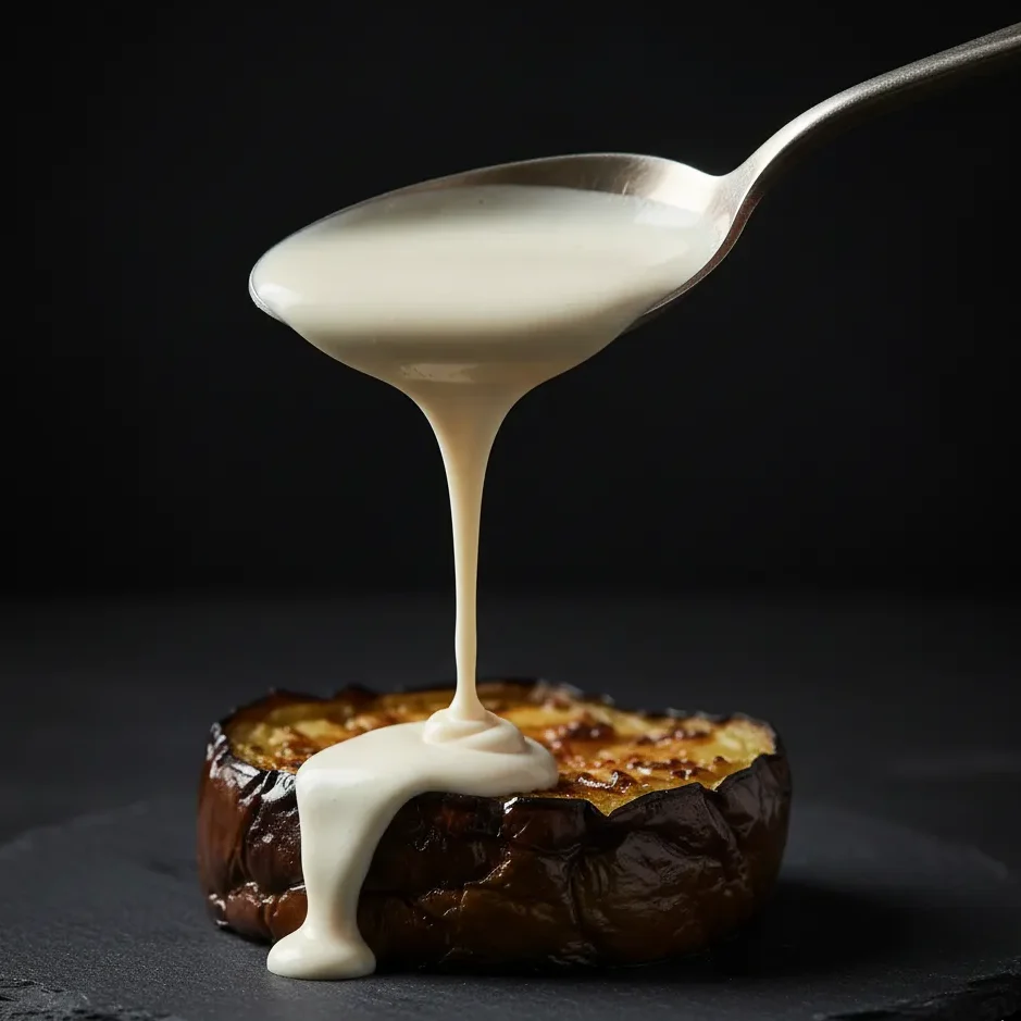 Close-up of creamy tahini sauce being drizzled over roasted eggplant, highlighting the smooth texture and golden-brown char.