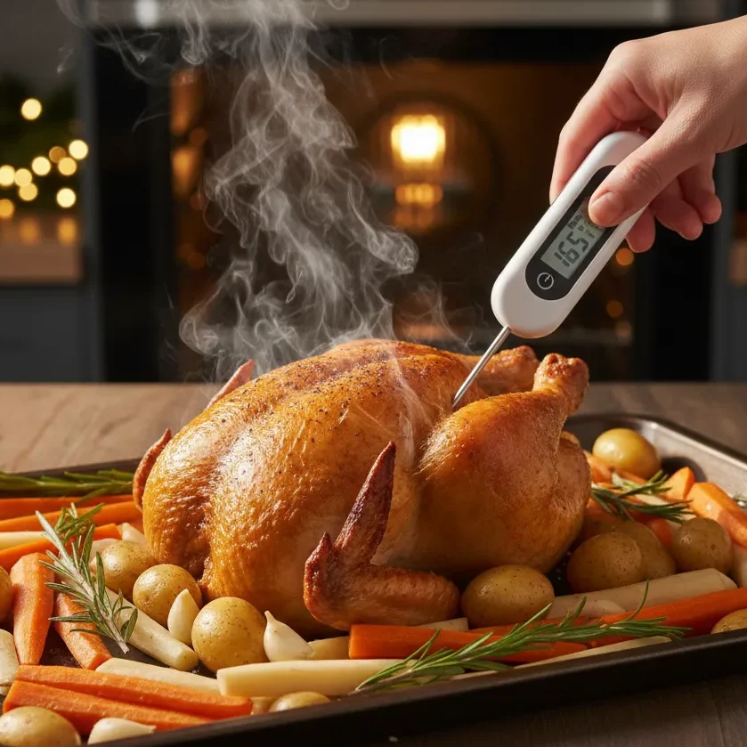 Rosemary Roasted Christmas Chicken with Root Vegetables: Easy & Cozy 5 Using a meat thermometer to check the internal temperature of a golden rosemary roasted chicken on a bed of vegetables.Next Step: Would you like me to write the final section (Section 5) covering Serving Suggestions and Leftover Magic, including the wine pairings and plating tips?