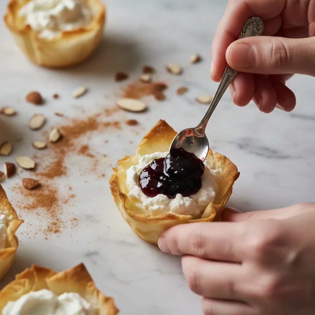 Mini Phyllo Cups with Goat Cheese and Fig Jam: Rare Delight 4 Close-up of the assembly process for Moroccan-style goat cheese and fig jam phyllo appetizers on a marble surface.