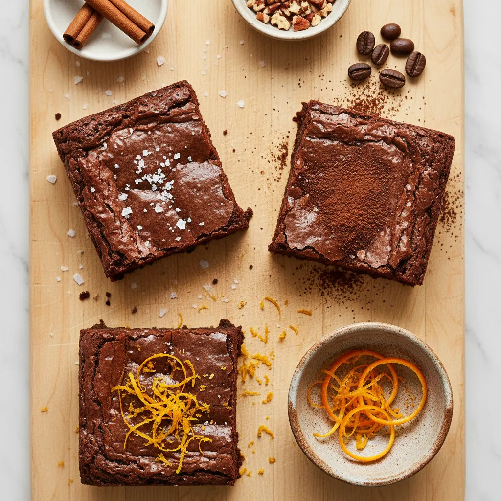 Overhead view of three variations of the pecan date brownies, showing a variety of indulgent mix-in ideas like espresso powder and fresh orange zest.