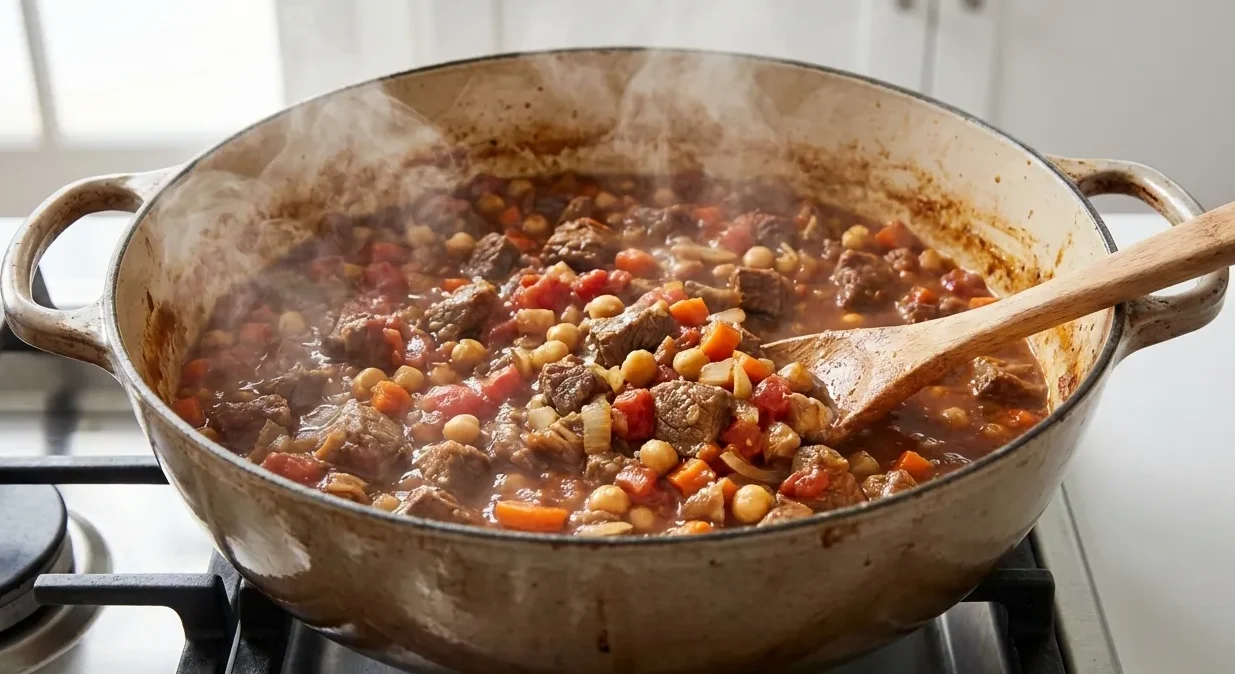 Lamb and Chickpea Moroccan Shepherd’s Pie with Ras el Hanout 5 A close-up of a rustic Dutch oven on a stovetop, showing the rich, spiced lamb and chickpea filling for Moroccan Shepherd's Pie gently simmering, with visible steam rising.