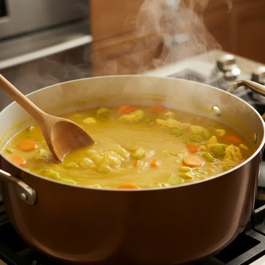Turmeric Chicken Soup: The Ultimate Cozy Bowl 5 A wooden spoon stirring vibrant golden Turmeric Chicken Soup simmering in a stockpot, highlighting the cooking process and rich color of the broth.