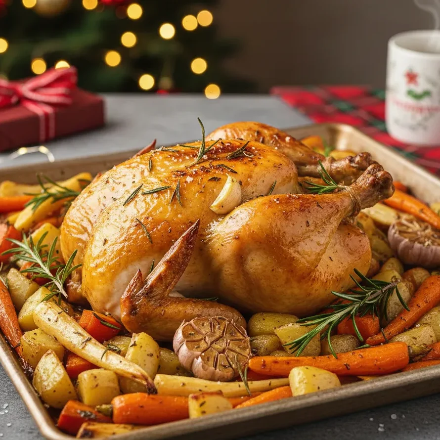 Rosemary Roasted Christmas Chicken with Root Vegetables: Easy & Cozy 2 A golden-brown rosemary roasted Christmas chicken surrounded by roasted carrots, parsnips, and potatoes on a sheet pan, with a festive holiday background.