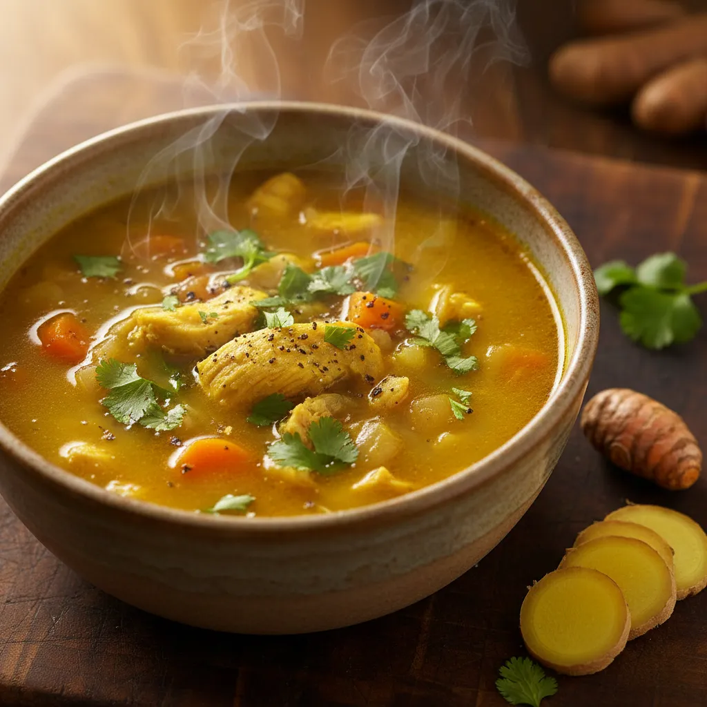 Turmeric Chicken Soup: The Ultimate Cozy Bowl 3 Close-up of golden Turmeric Chicken Soup garnished with fresh cilantro and black pepper, illustrating its rich color and healing qualities.