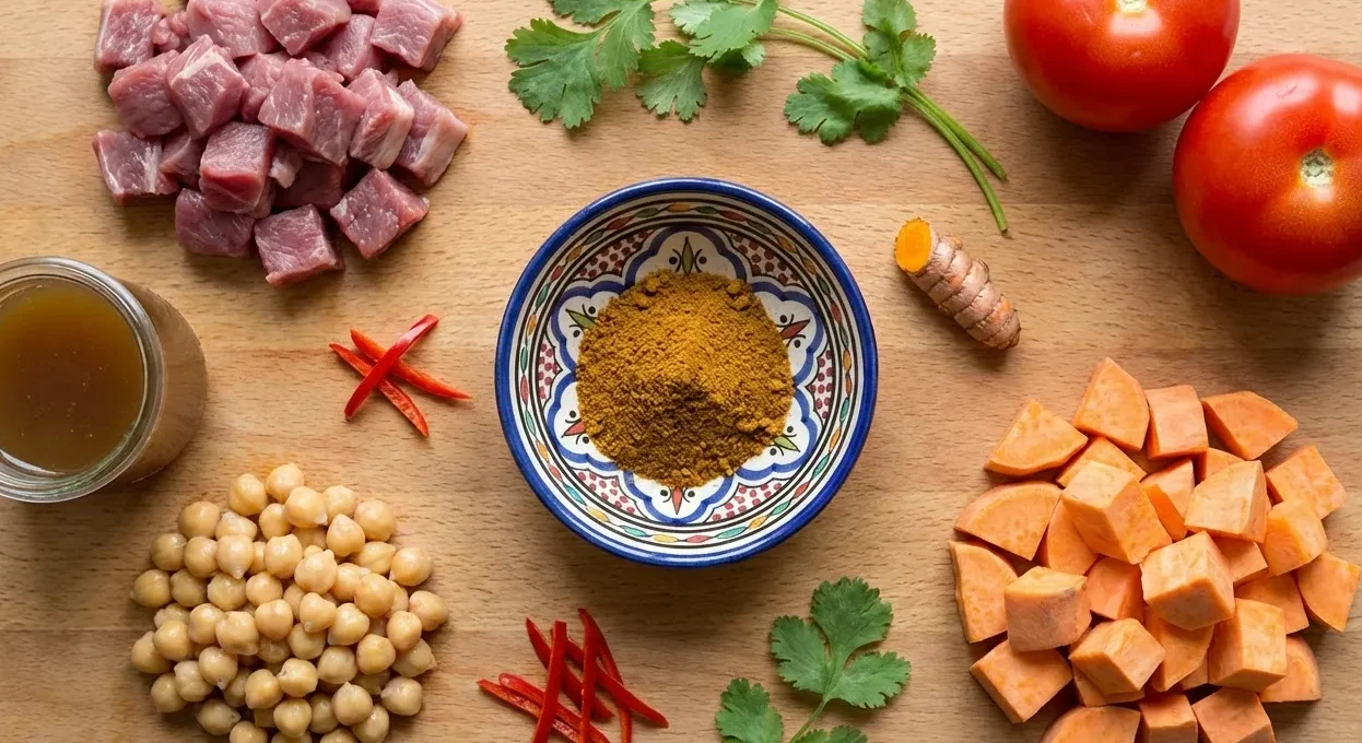 Lamb and Chickpea Moroccan Shepherd’s Pie with Ras el Hanout 4 Flat lay image displaying the key ingredients for Moroccan Shepherd’s Pie, including diced lamb, chickpeas, sweet potatoes, rich stock, and a central bowl of Ras el Hanout spice mix.