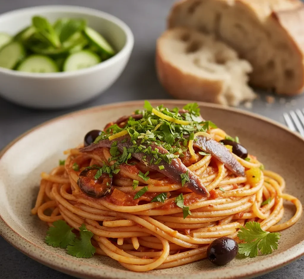 Moroccan Puttanesca: Spaghetti with Anchovies, Olives, and Harissa 5 A serving of Moroccan Puttanesca spaghetti garnished with fresh cilantro and parsley, ready to be eaten alongside a light cucumber salad.