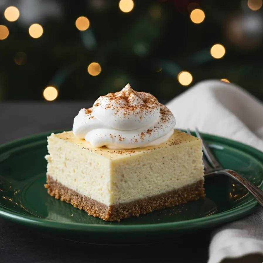 Eggnog Cheesecake Bars: Nutmeg Crust - Bold & Decadent 6 A professional food photograph of a garnished eggnog cheesecake bar on a dark green plate, featuring a whipped cream rosette and a dusting of cinnamon.