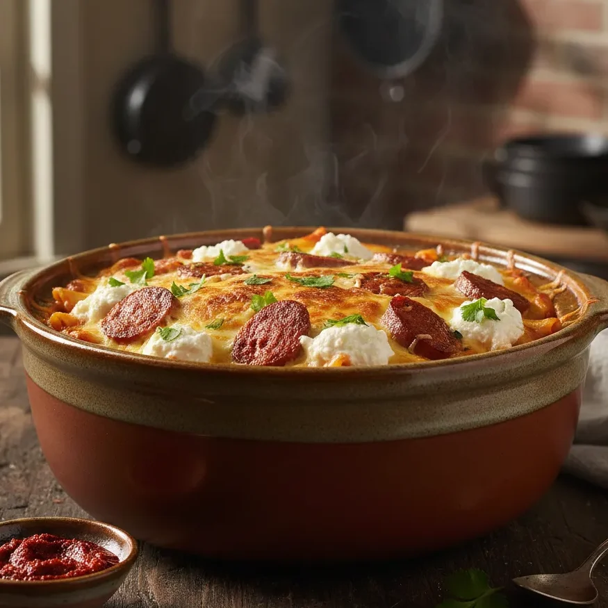 A close-up of a slow cooker containing  Crockpot Moroccan-Italian Baked Ziti with melted cheese, ricotta dollops, and spicy Merguez sausage, garnished with cilantro.
