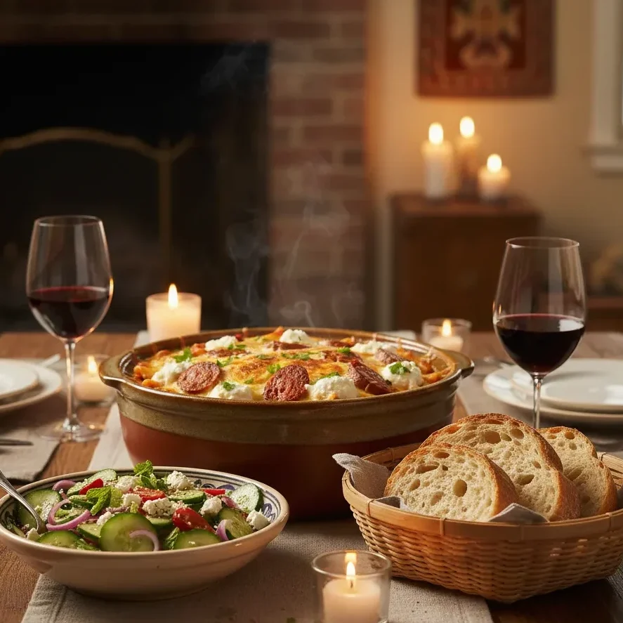 A full dinner spread featuring Moroccan-Italian Baked Ziti, a fresh mint and cucumber salad, crusty bread, and red wine on a rustic table.