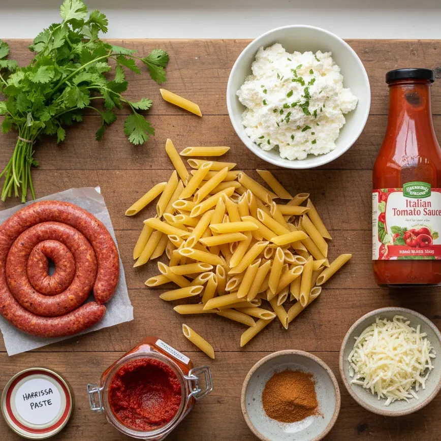 A flat lay image showcasing the essential ingredients for Moroccan-Italian Baked Ziti, including merguez sausage, harissa, ricotta, ziti, and spices.
