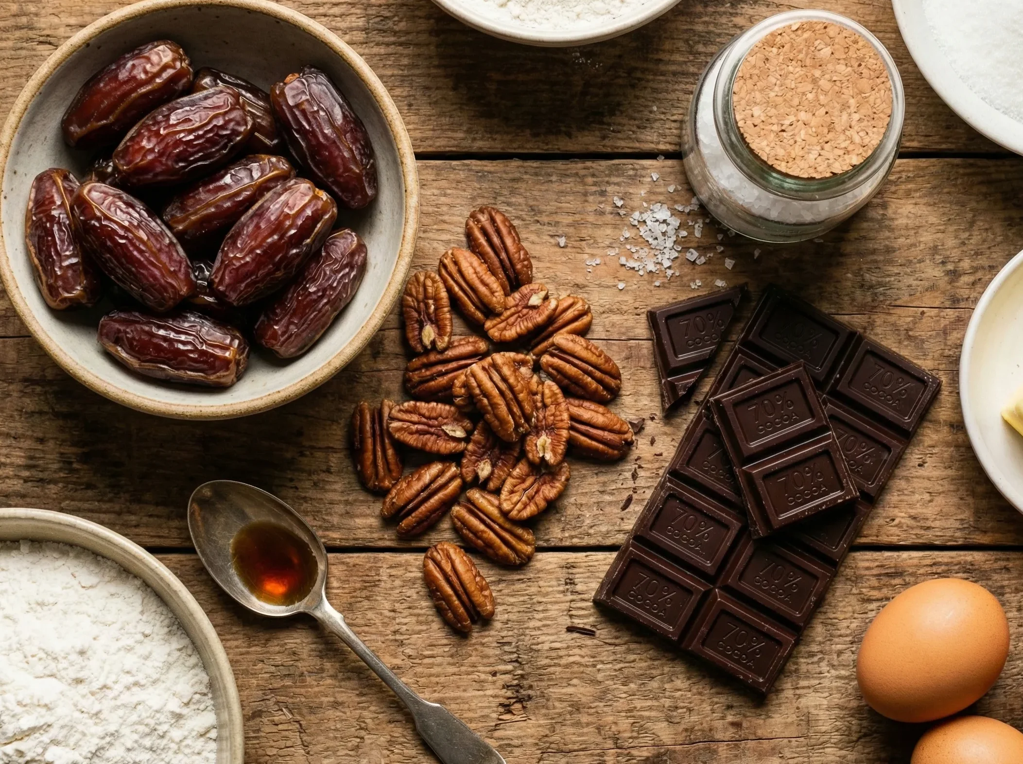 Flat lay of key ingredients for making pecan date brownies, including Medjool dates, chopped pecans, and dark baking chocolate, highlighting the quality of the raw materials