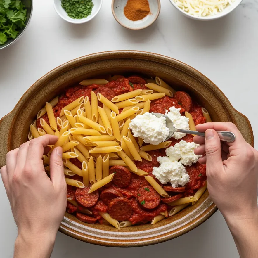 Hands layering uncooked ziti pasta, sauce, and ricotta cheese into a slow cooker during the preparation of a Moroccan-Italian baked ziti.