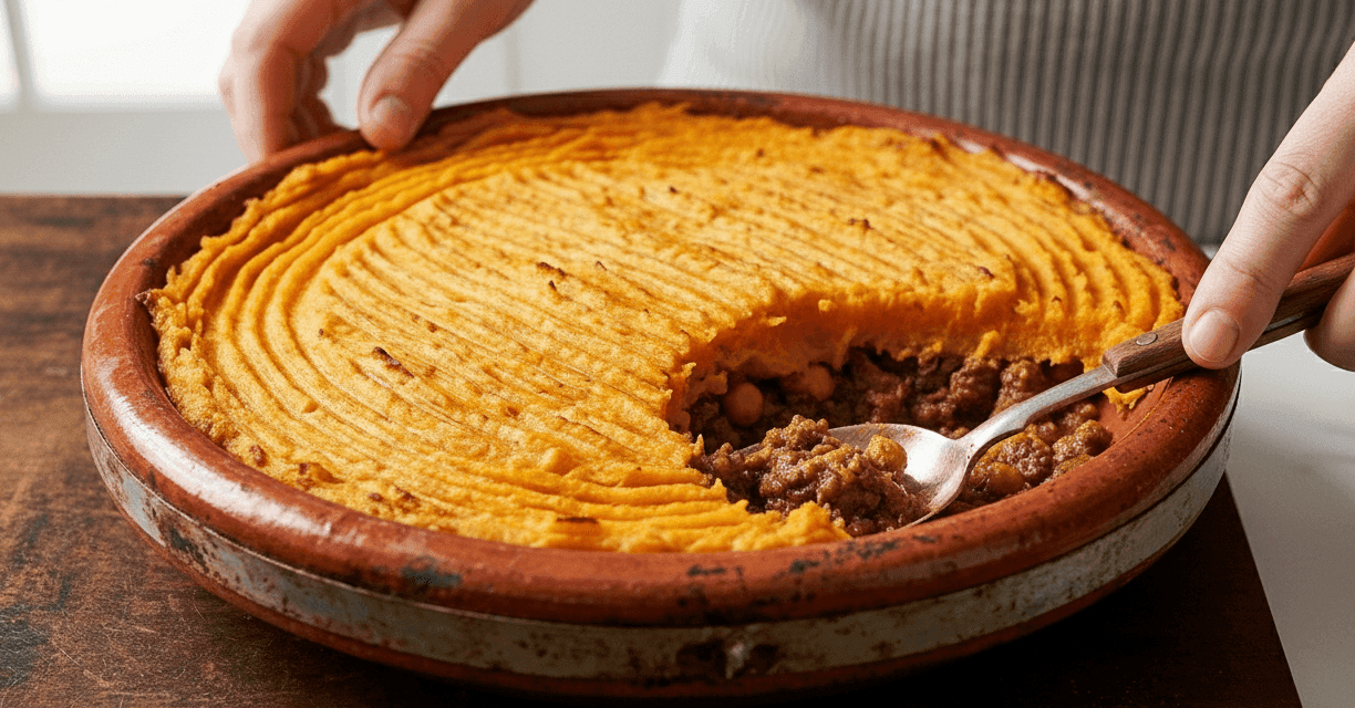 Lamb and Chickpea Moroccan Shepherd’s Pie with Ras el Hanout 6 A close-up showing a smooth, golden Sweet Potato Topping being sealed onto the dark, spiced filling of the Moroccan Shepherd's Pie in a ceramic baking dish, ready for the oven.