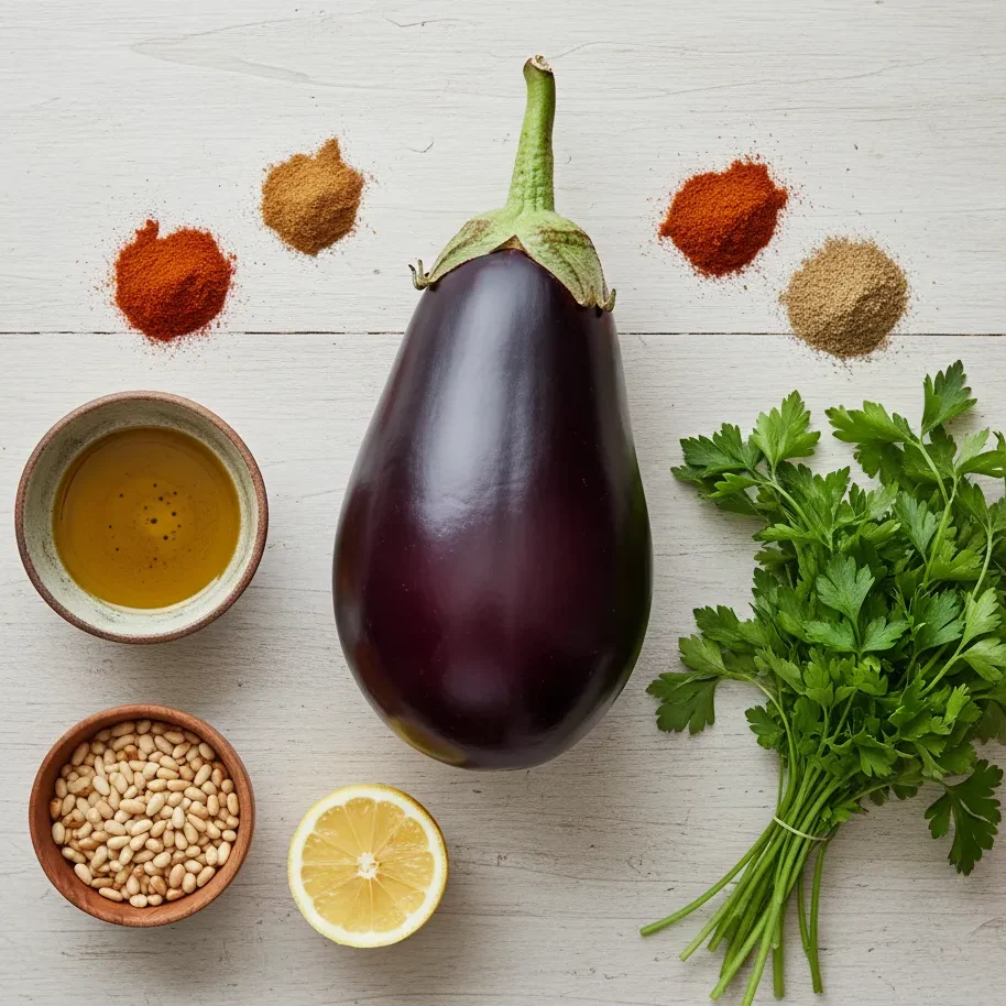 Flat lay of fresh ingredients for Moroccan roasted eggplant salad, including eggplant, olive oil, spices, fresh parsley, pine nuts, and lemon.