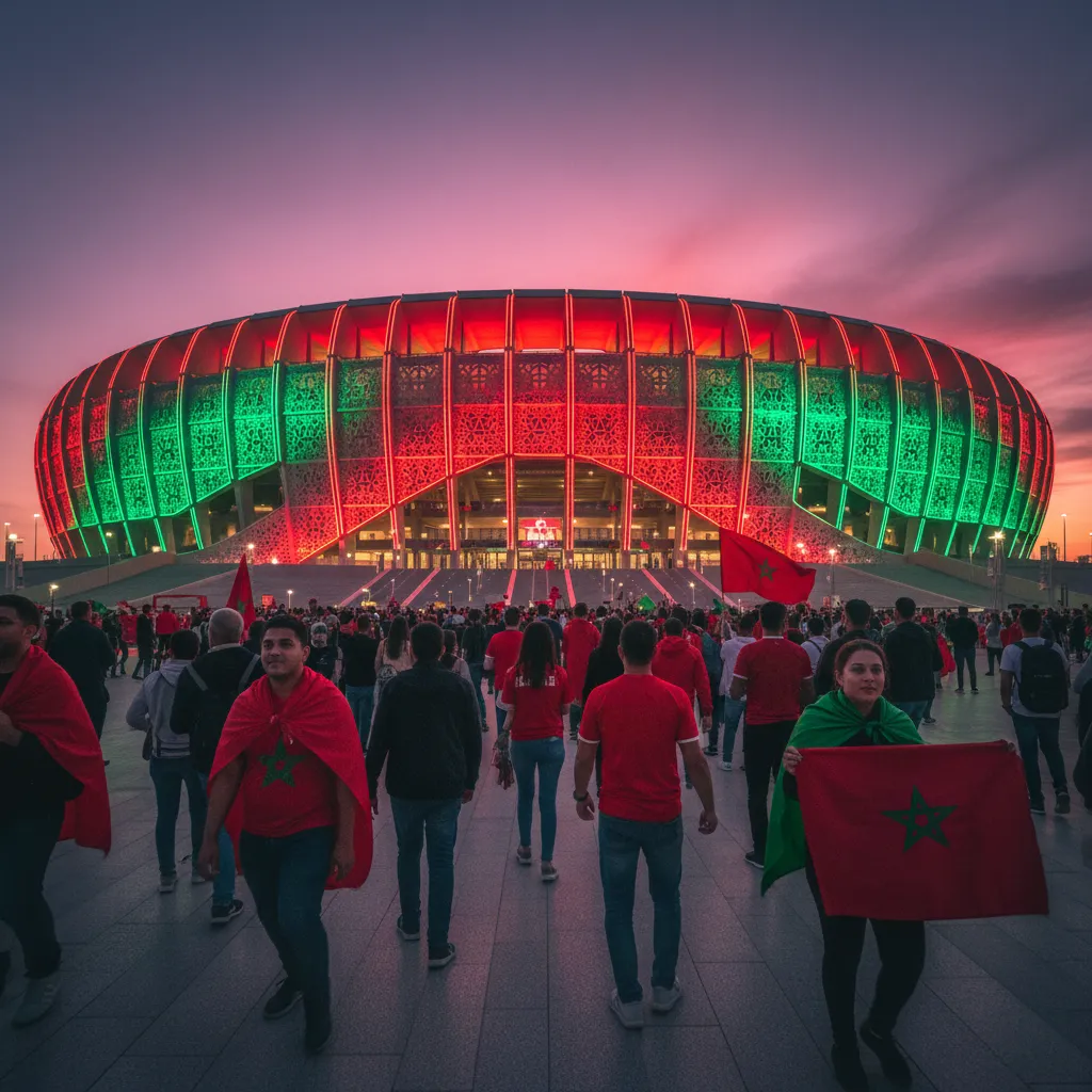 A breathtaking view of a modern Moroccan stadium illuminated in national colors at night during the AFCON 2025 tournament, featuring excited fans in the foreground.