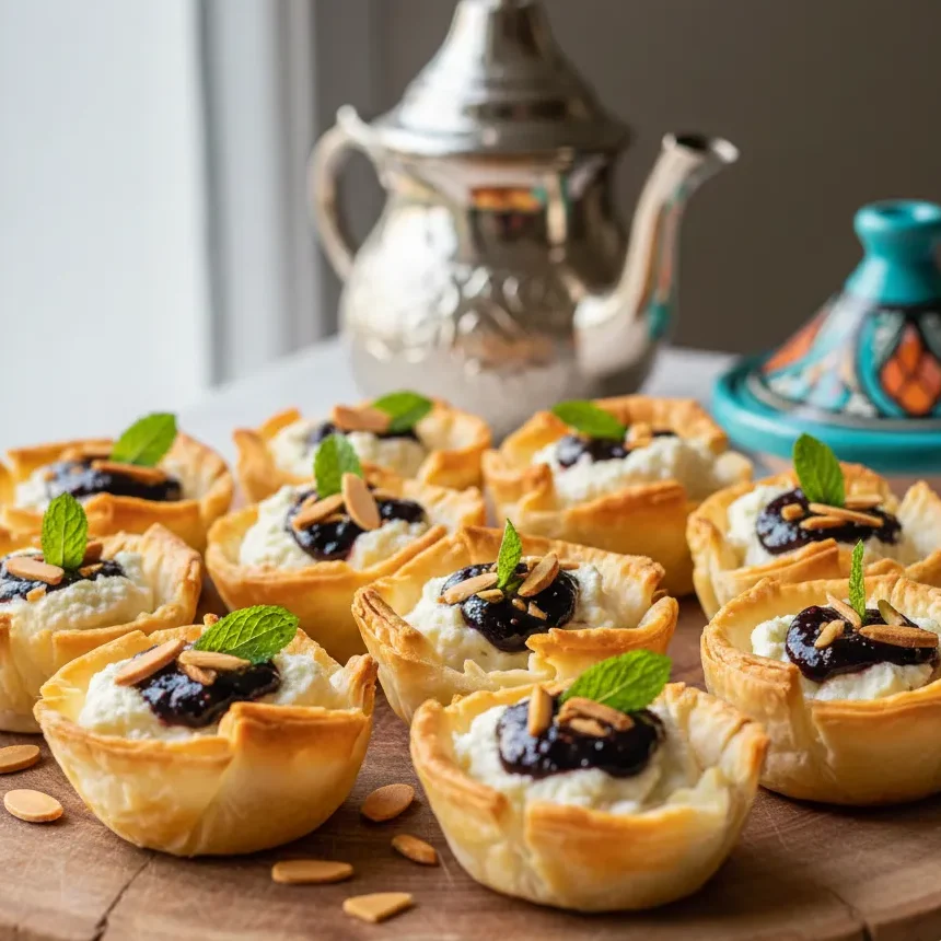 Mini Phyllo Cups with Goat Cheese and Fig Jam: Rare Delight 2 Gourmet Mini Phyllo Cups with Goat Cheese and Fig Jam, garnished with almonds and mint, served on a rustic wooden board with a Moroccan tea set in the background.