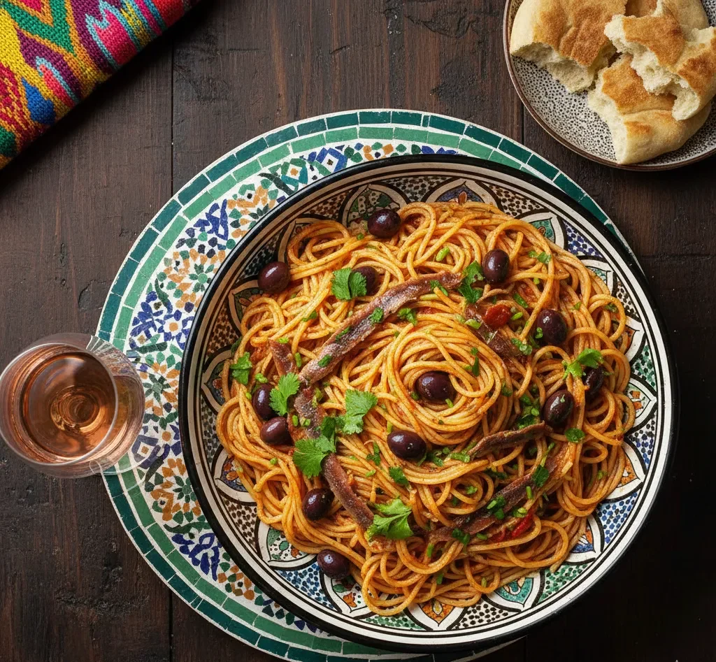 A complete setting featuring Moroccan Puttanesca spaghetti, flatbread, and Rosé wine on a wooden table with Moroccan textile accents.