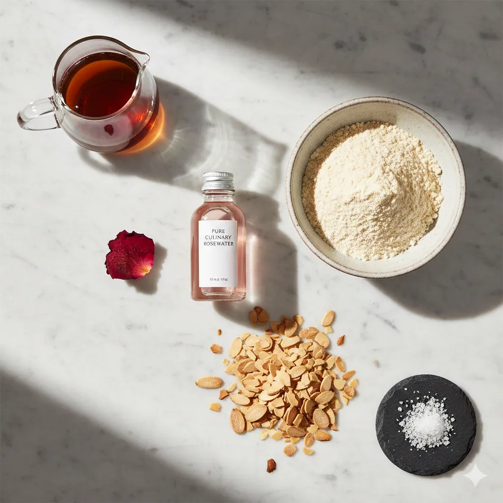 Flat lay of key ingredients for vegan halva bites: a bottle of rosewater, bowls of almond flour and slivers, maple syrup, and sea salt on a marble counter.