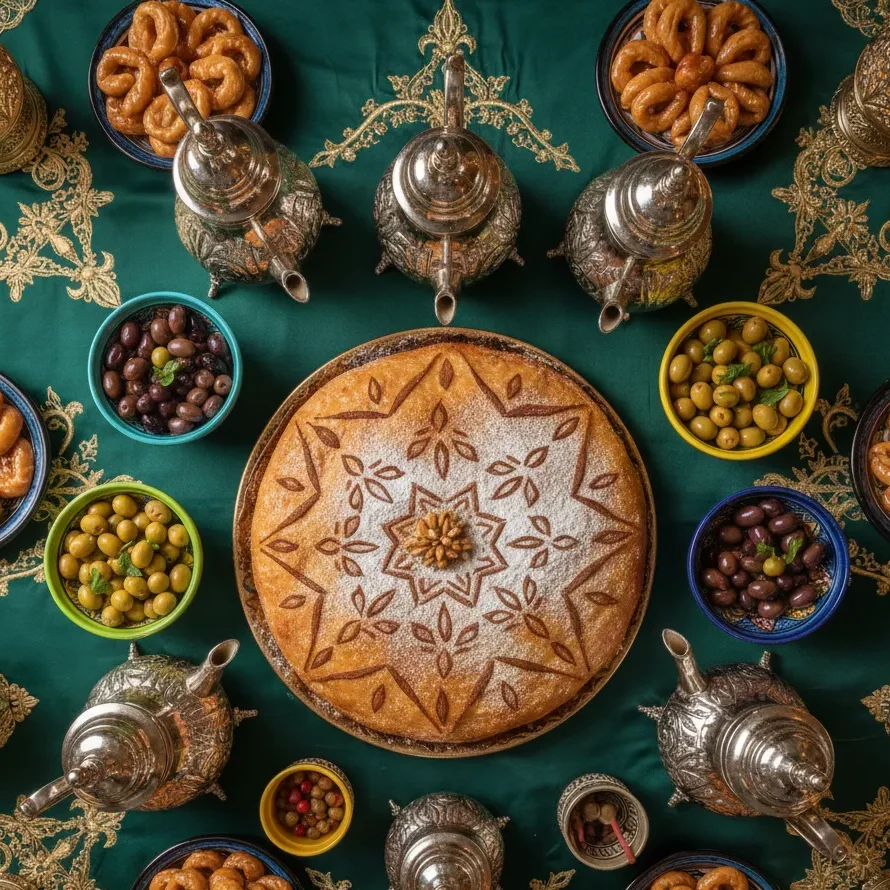 Moroccan Wedding Joy: Discover Mesmerizing Traditions 15 A lavish Moroccan wedding feast featuring a large chicken Pastilla, traditional mint tea service, and assorted almond pastries on a decorated table.