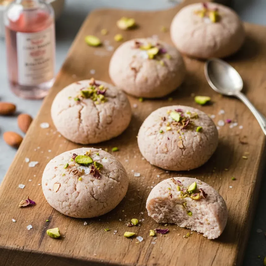 Close-up of vegan rosewater and almond halva bites garnished with pistachios and rose petals on a wooden serving board.