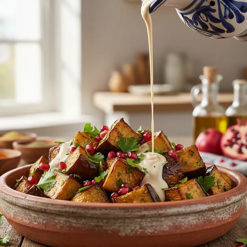 Close-up of roasted Moroccan eggplant salad featuring caramelized cubes topped with a creamy tahini drizzle, fresh herbs, and pomegranate seeds in a rustic bowl.