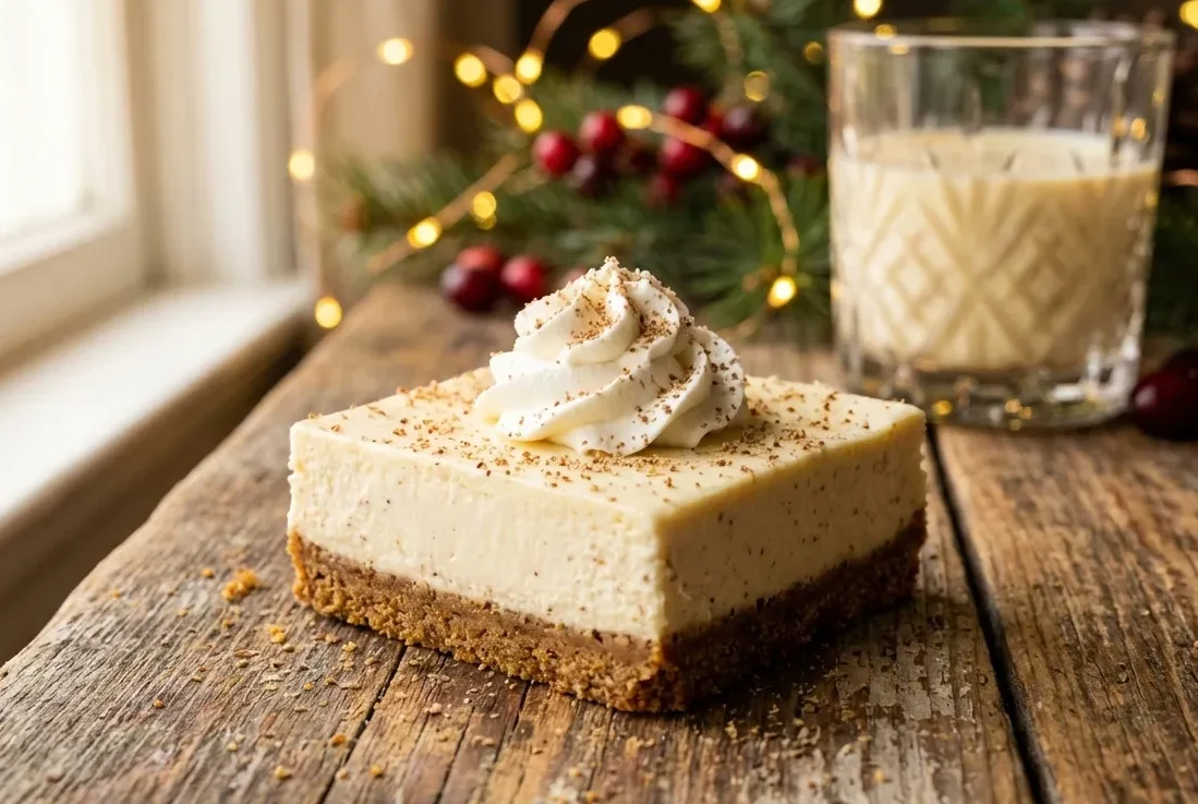 Eggnog Cheesecake Bars: Nutmeg Crust - Bold & Decadent 2 A close-up of a decadent eggnog cheesecake bar with a spiced nutmeg crust, topped with whipped cream and spices, set against a warm, festive holiday background.