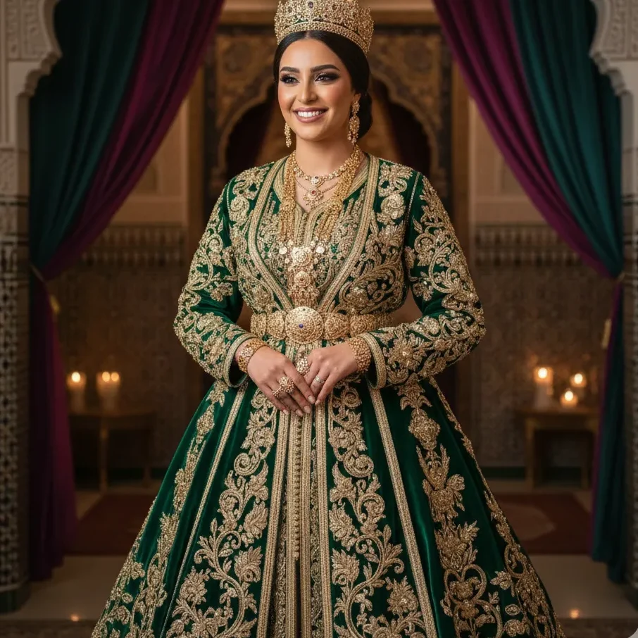 Moroccan Wedding Joy: Discover Mesmerizing Traditions 4 A Moroccan bride in a traditional green and gold Lebsa Fasiya, elaborate crown, and gold jewelry, standing elegantly in a grand wedding hall.