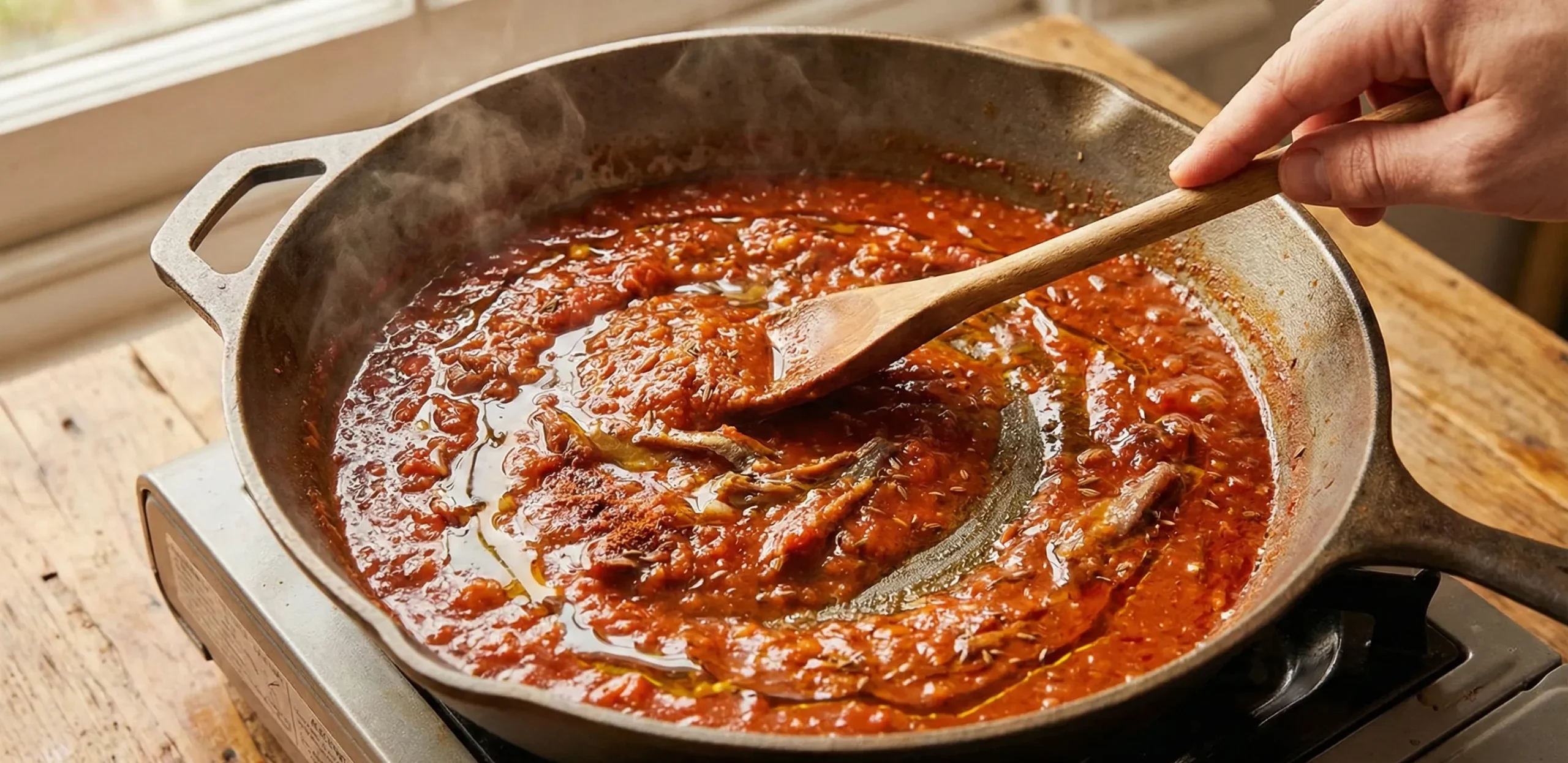 Moroccan Puttanesca: Spaghetti with Anchovies, Olives, and Harissa 4 A sizzling cast-iron skillet containing the rich, spiced Moroccan Puttanesca sauce being stirred with a wooden spoon.