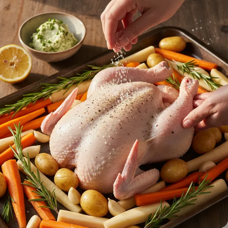 Rosemary Roasted Christmas Chicken with Root Vegetables: Easy & Cozy 4 Close-up of prepping a whole chicken on a sheet pan with chopped root vegetables, fresh rosemary, and garlic for roasting.