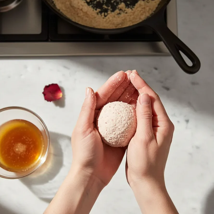 Person hand-rolling vegan rosewater almond halva bites in a bright kitchen with ingredients in the background.