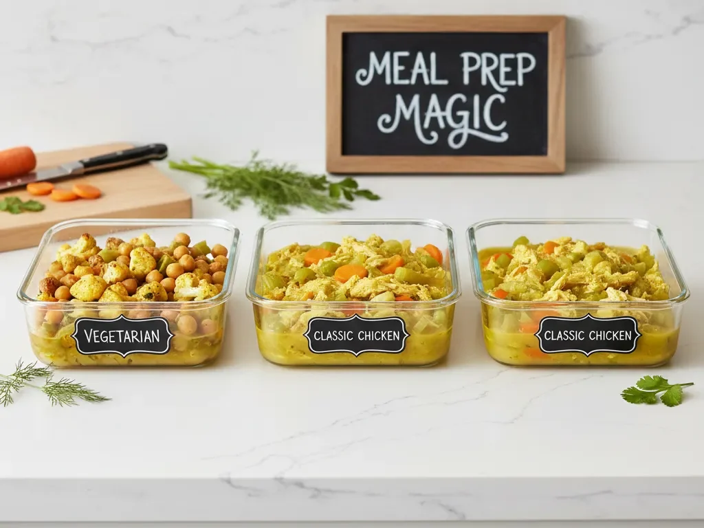 Turmeric Chicken Soup: The Ultimate Cozy Bowl 7 Three meal prep containers filled with Turmeric Chicken Soup (including vegetarian and chicken versions), demonstrating easy storage and organization for batch cooking.