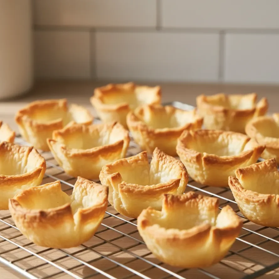 Mini Phyllo Cups with Goat Cheese and Fig Jam: Rare Delight 6 Golden-brown mini phyllo shells cooling on a wire rack to maintain a crispy texture for appetizers.