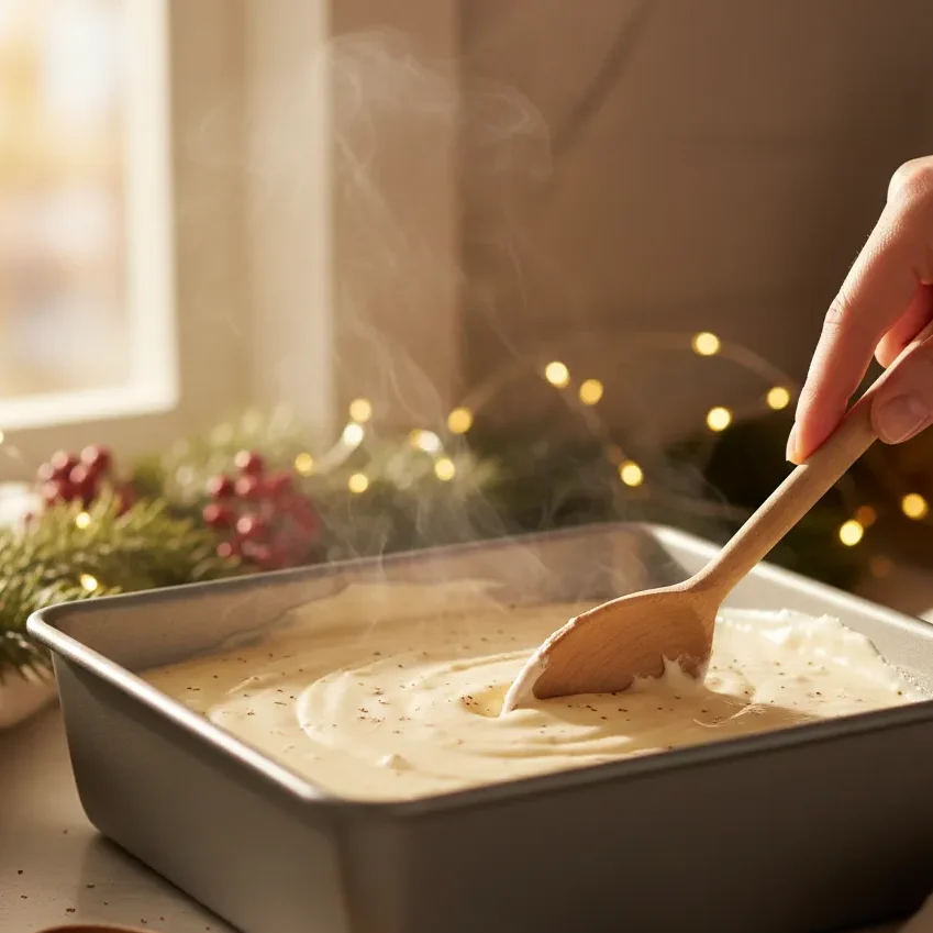 Eggnog Cheesecake Bars: Nutmeg Crust - Bold & Decadent 4 A close-up shot of a creamy eggnog cheesecake batter in a baking pan, showing a smooth texture and spiced flecks in a warm kitchen setting.
