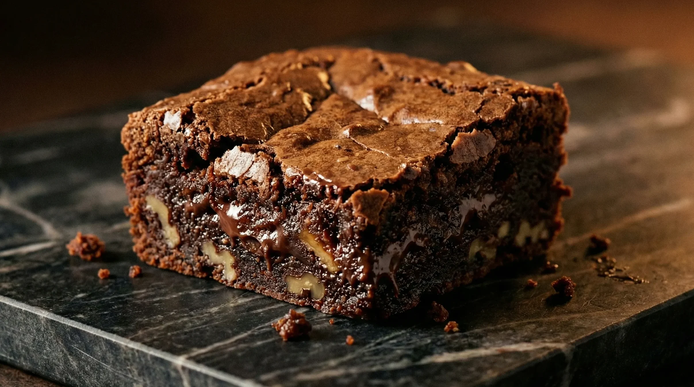 A single, perfectly cut, rich fudgy pecan date brownie with a crackly top, showcasing the gooey chocolate interior and generous pieces of pecan and date. The amazing pecan date brownie recipe is clearly visible.
