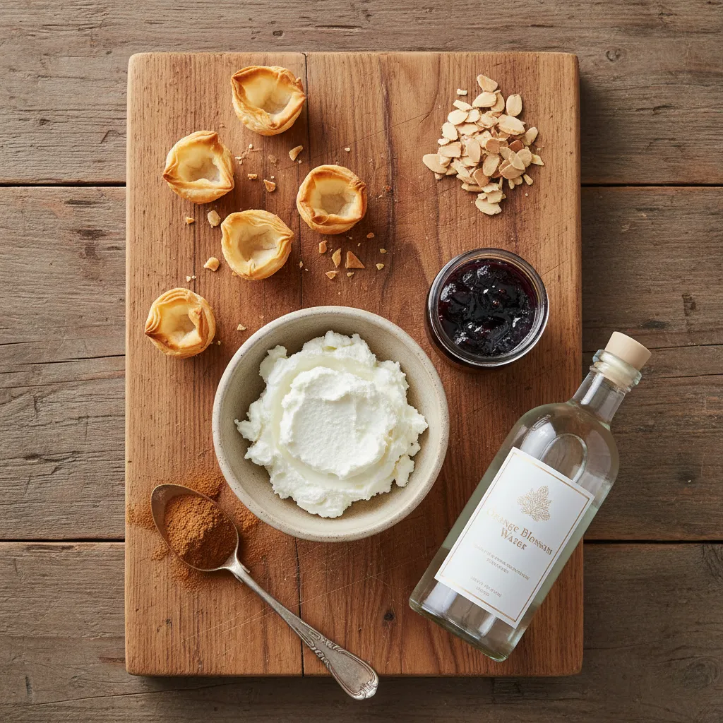 Mini Phyllo Cups with Goat Cheese and Fig Jam: Rare Delight 3 A flat lay of ingredients including goat cheese, fig jam, phyllo shells, orange blossom water, cinnamon, and slivered almonds, ready for Moroccan-inspired appetizers.