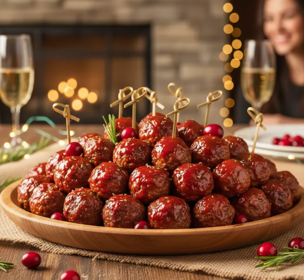 A professional food photography shot of a pile of glazed Cranberry BBQ Meatballs on a rustic wooden platter. Each meatball has an elegant bamboo knotted toothpick inserted. The glaze is thick, dark red, and glistening under warm ambient lighting. In the background, there is a soft-focus holiday party setting with blurred fairy lights and a glass of sparkling cider. High resolution, 8k, macro lens, vibrant colors, appetizing texture. --ar 1:1 --v 6.0