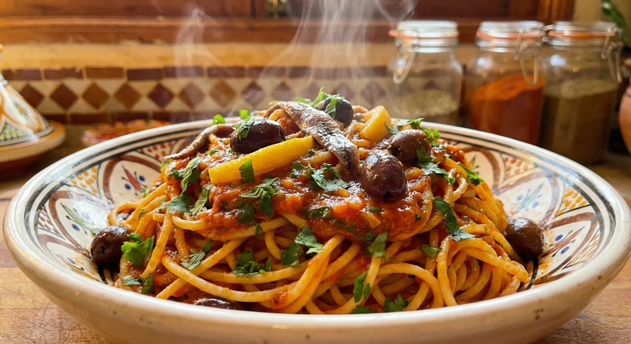 Moroccan Puttanesca: Spaghetti with Anchovies, Olives, and Harissa 2 A close-up of Moroccan Puttanesca spaghetti, featuring a rich, spiced sauce, olives, fresh herbs, and preserved lemon, ready to eat.