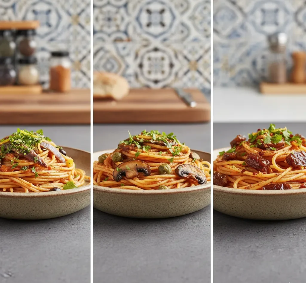 Moroccan Puttanesca: Spaghetti with Anchovies, Olives, and Harissa 6 Three small bowls illustrating variations of the Moroccan Puttanesca: spicy, vegan/umami, and sweet, demonstrating how to customize the recipe.