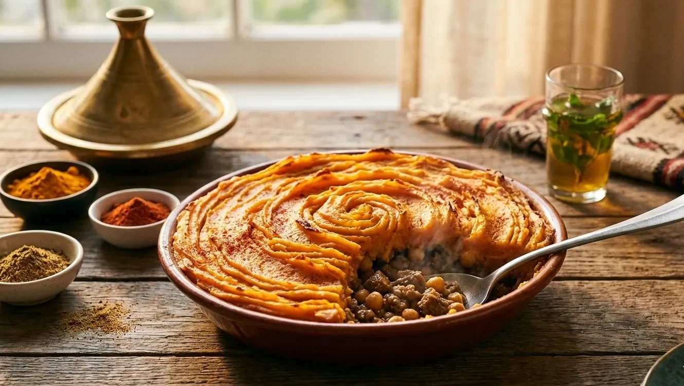 A rustic, steaming Moroccan Shepherd’s Pie with a golden sweet potato crust, served on a wooden table surrounded by North African spices and textiles.