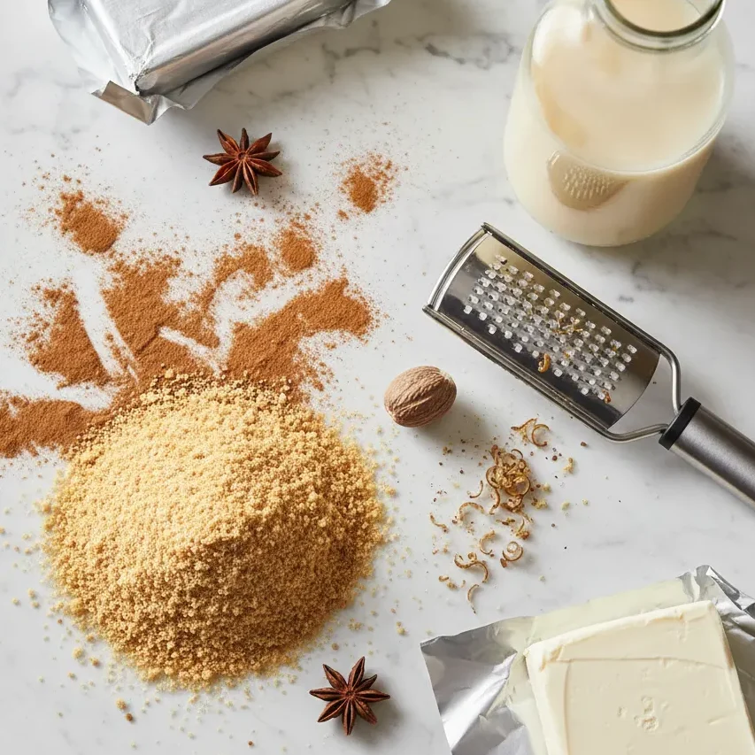 Eggnog Cheesecake Bars: Nutmeg Crust - Bold & Decadent 3 An organized arrangement of baking ingredients for eggnog cheesecake bars, including fresh nutmeg, cinnamon crackers, cream cheese, and a bottle of eggnog on a white marble surface.