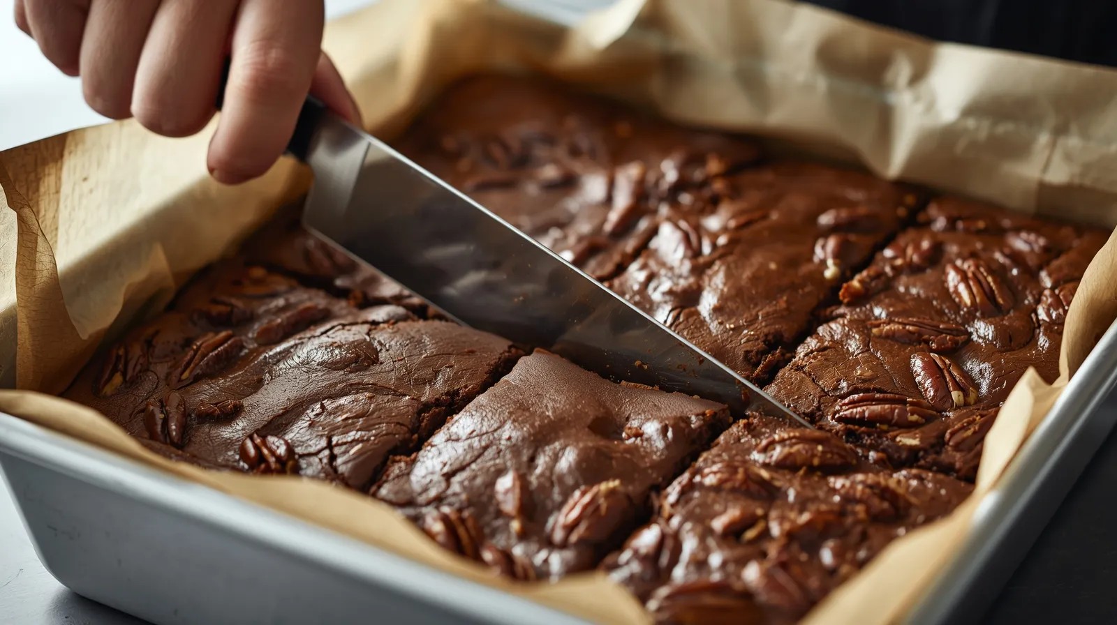 A hand using a knife to slice perfectly cooled fudgy pecan date brownies in a baking pan, demonstrating the best technique for clean, professional cuts.