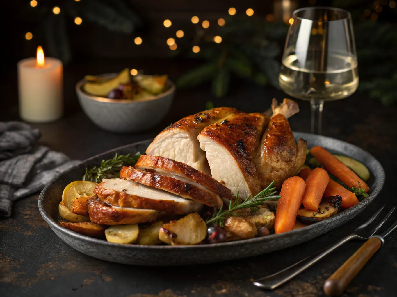 Rosemary Roasted Christmas Chicken with Root Vegetables: Easy & Cozy 6 a beautifully plated roast chicken dinner on a dar www.moroccaneats.com