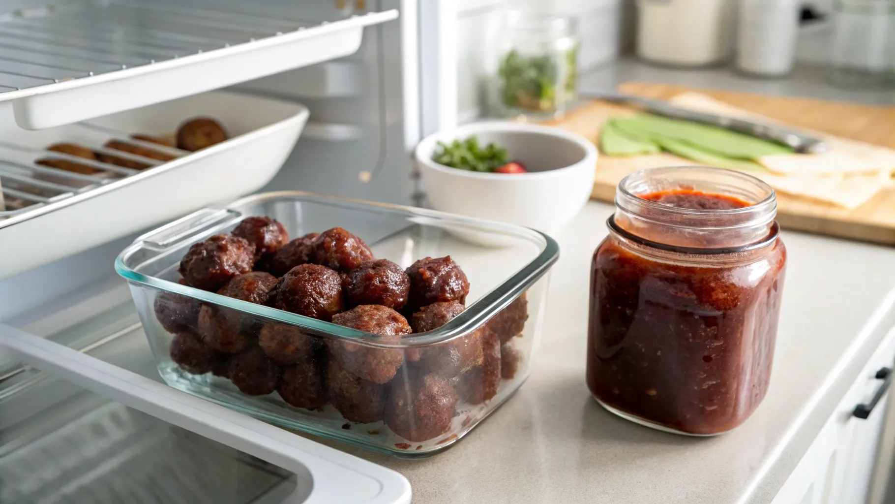 Cranberry BBQ Meatballs on Toothpicks: Blissful Flavor Christmas Bomb 6 A glass storage container filled with leftover cranberry BBQ meatballs and a mason jar of pre-mixed sauce, showing easy make-ahead prep and storage.