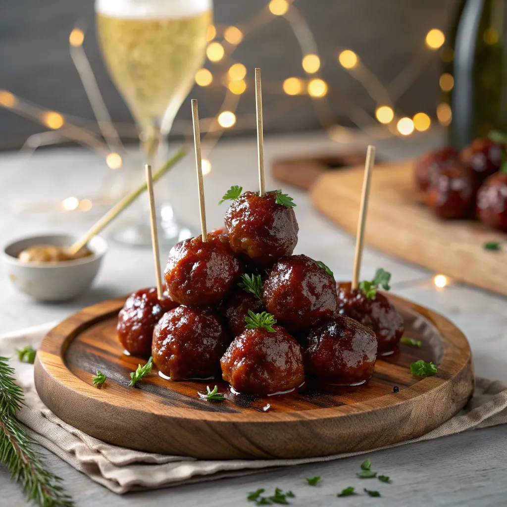 Cranberry BBQ Meatballs on Toothpicks: Blissful Flavor Christmas Bomb 2 A close-up shot of glistening Cranberry BBQ Meatballs on toothpicks, coated in a thick red glaze and served on a wooden board.