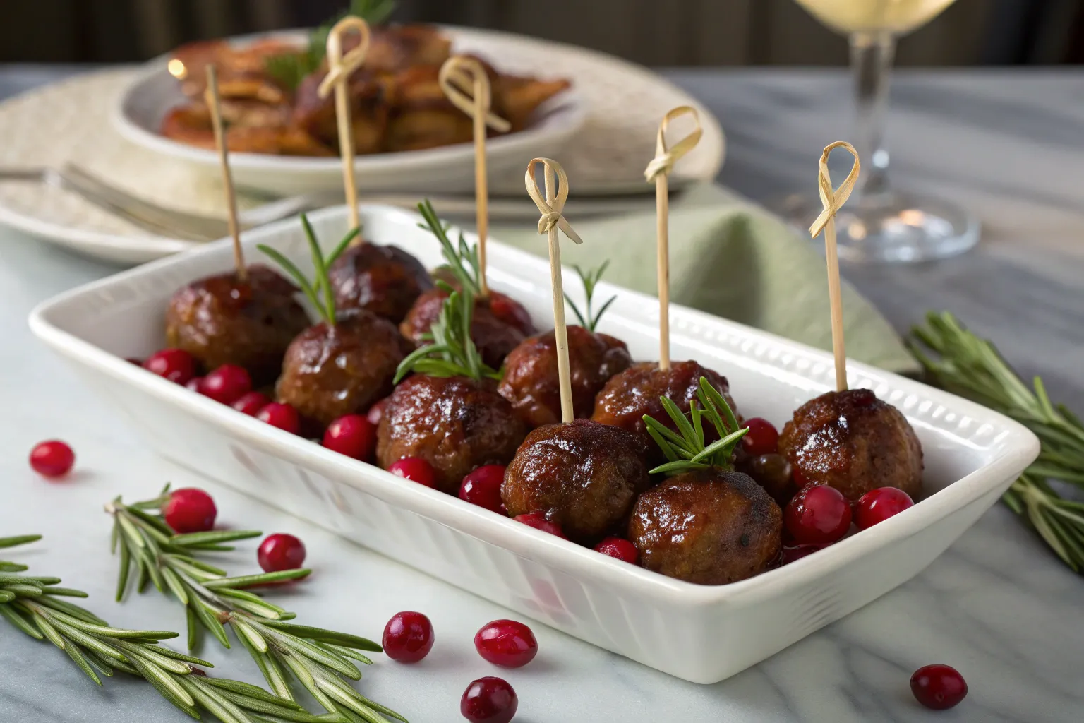 Cranberry BBQ Meatballs on Toothpicks: Blissful Flavor Christmas Bomb 5 An elegant serving platter of cranberry BBQ meatballs on knotted bamboo toothpicks, beautifully garnished with fresh rosemary and whole cranberries for a holiday party.