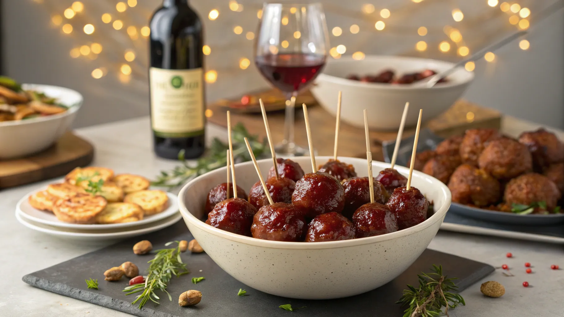 Cranberry BBQ Meatballs on Toothpicks: Blissful Flavor Christmas Bomb 7 a stunning high angle hero shot of a festive pa www.moroccaneats.com