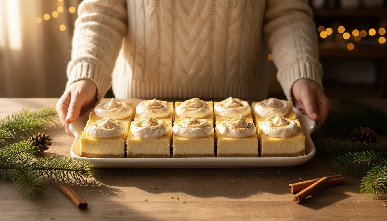 Eggnog Cheesecake Bars: Nutmeg Crust - Bold & Decadent 9 a stunning high angle hero shot of a full tray of 1 www.moroccaneats.com
