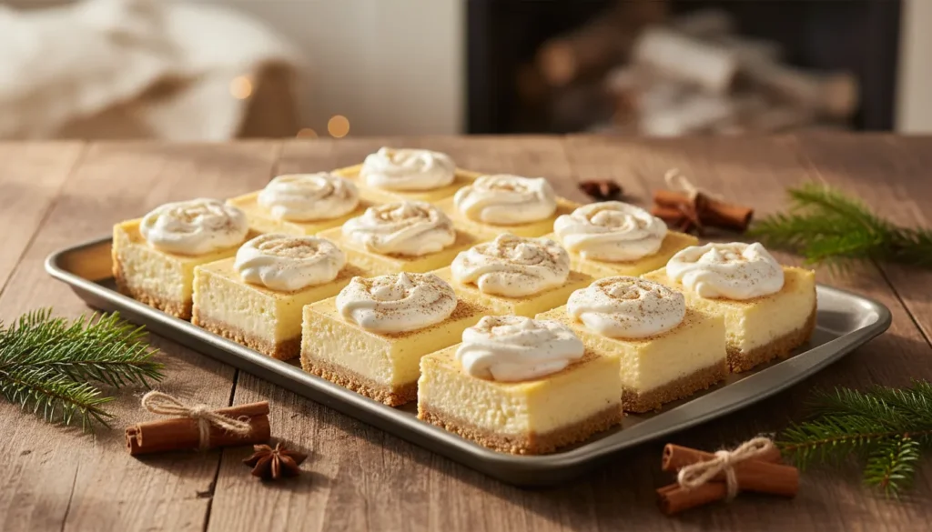 Eggnog Cheesecake Bars: Nutmeg Crust - Bold & Decadent 10 a stunning high angle hero shot of a full tray of www.moroccaneats.com
