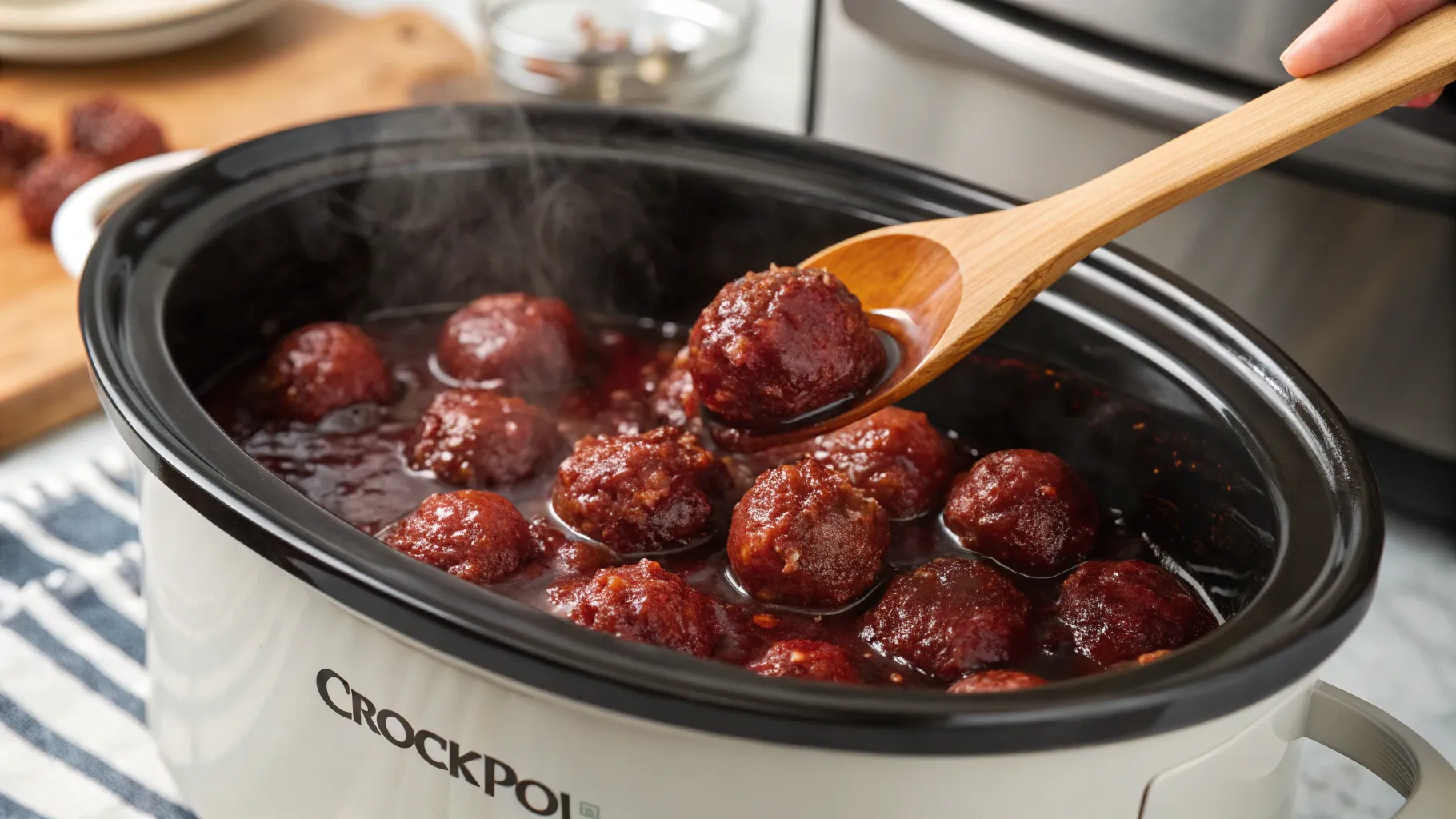 Cranberry BBQ Meatballs on Toothpicks: Blissful Flavor Christmas Bomb 4 A close-up view inside a slow cooker with cranberry BBQ meatballs simmering in a thick, glossy red sauce, being stirred with a wooden spoon.